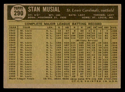 1961 Topps Baseball #290 Stan Musial Cardinals EX 540395