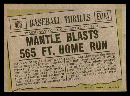 1961 Topps Baseball #406 Mickey Mantle IA Yankees EX 540411