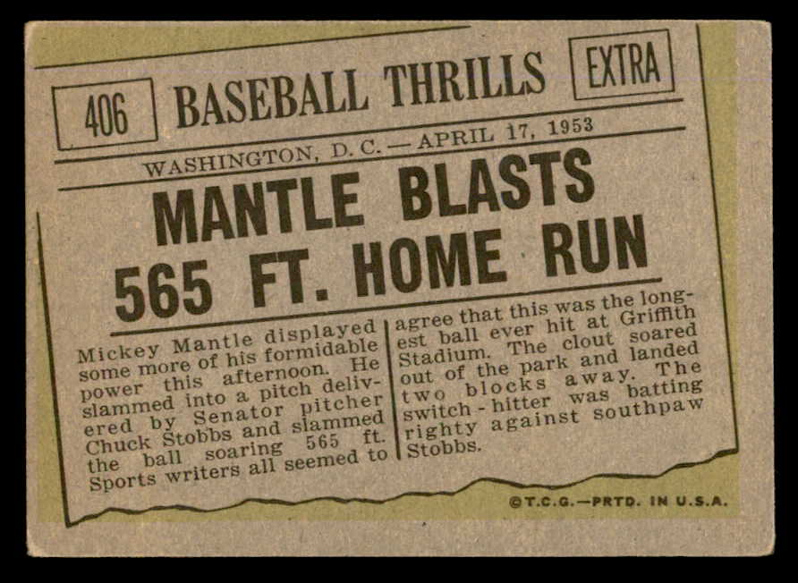 1961 Topps Baseball #406 Mickey Mantle IA Yankees VG-EX 540412