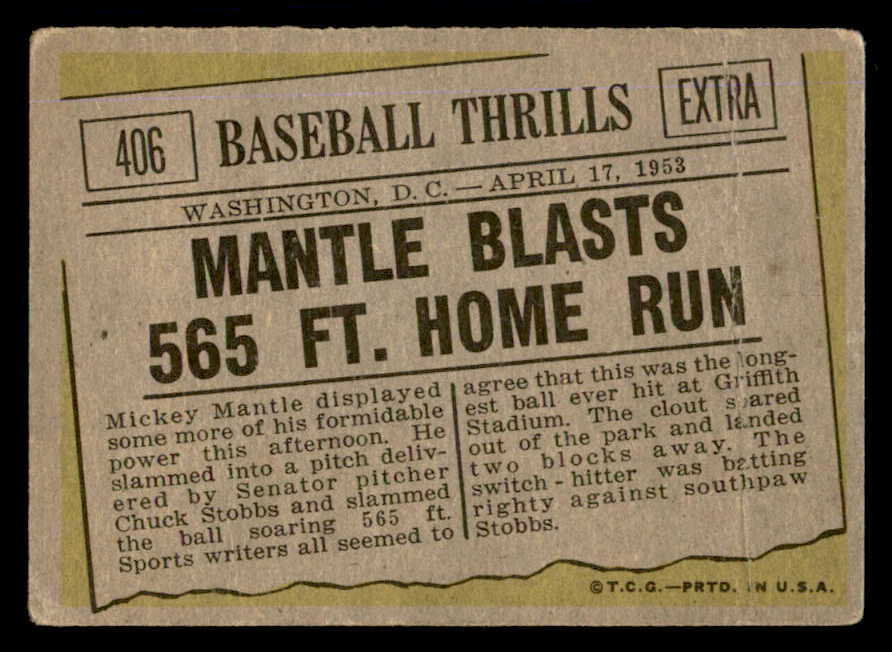 1961 Topps Baseball #406 Mickey Mantle IA Yankees GD-VG 540414