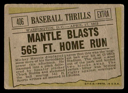 1961 Topps Baseball #406 Mickey Mantle IA Yankees GD-VG 540414