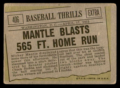 1961 Topps Baseball #406 Mickey Mantle IA Yankees GD-VG 540415