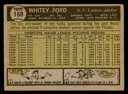 1961 Topps Baseball #160 Whitey Ford Yankees VG-EX 540433