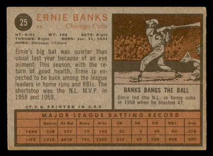 1962 Topps Baseball #025 Ernie Banks Cubs EX 540489