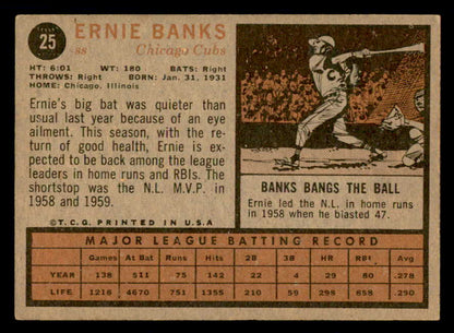 1962 Topps Baseball #025 Ernie Banks Cubs EX 540490