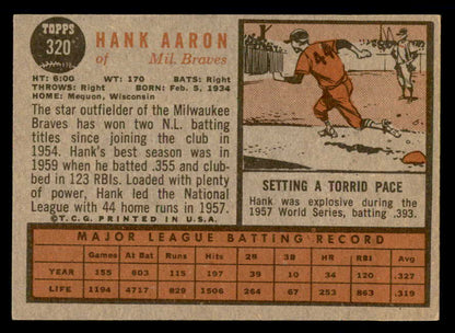 1962 Topps Baseball #320 Hank Aaron Braves VG-EX 540492