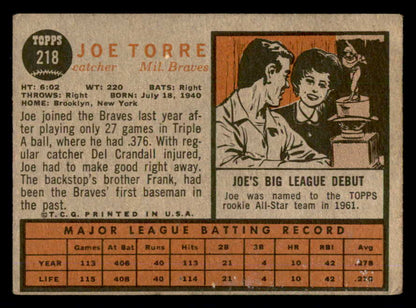 1962 Topps Baseball #218 Joe Torre Braves VG-EX 540510