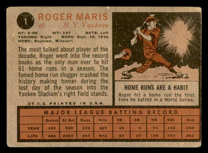 1962 Topps Baseball #001 Roger Maris Yankees GD-VG 540527