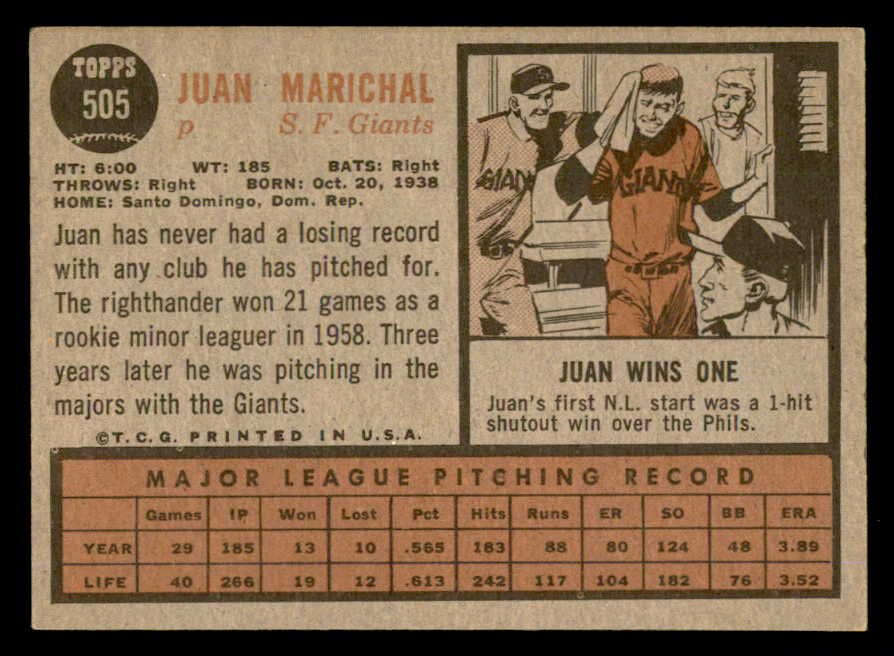 1962 Topps Baseball #505 Juan Marichal Giants EX 540531