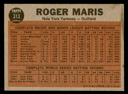 1962 Topps Baseball #313 Roger Maris IA Yankees VG-EX 540542