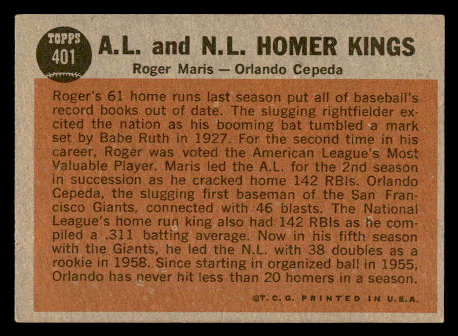 1962 Topps Baseball #401 Roger Maris Orlando Cepeda EX+/EX-MT 540547
