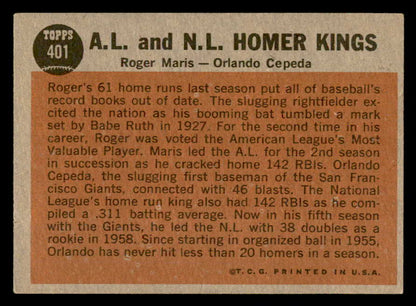 1962 Topps Baseball #401 Roger Maris Orlando Cepeda EX+/EX-MT 540547