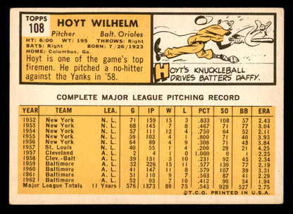 1963 Topps Baseball #108 Hoyt Wilhelm Orioles EX 540577