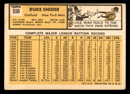 1963 Topps Baseball #550 Duke Snider Mets VG 540604