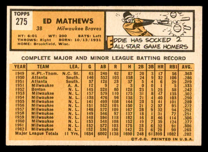 1963 Topps Baseball #275 Eddie Mathews Braves EX+/EX-MT 540656