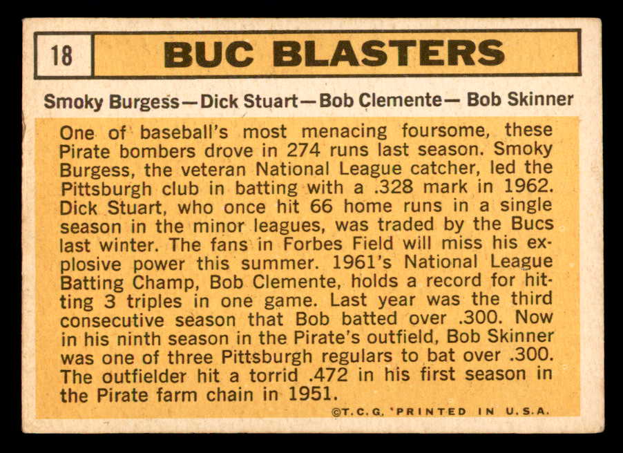 1963 Topps Baseball #018 Roberto Clemente Smoky Burgess VG-EX 540664