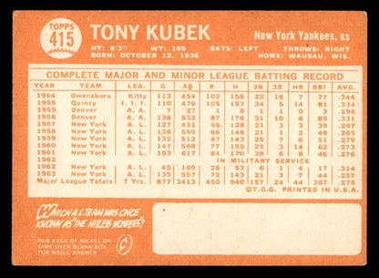 1964 Topps Baseball #415 Tony Kubek Yankees VG-EX 540675