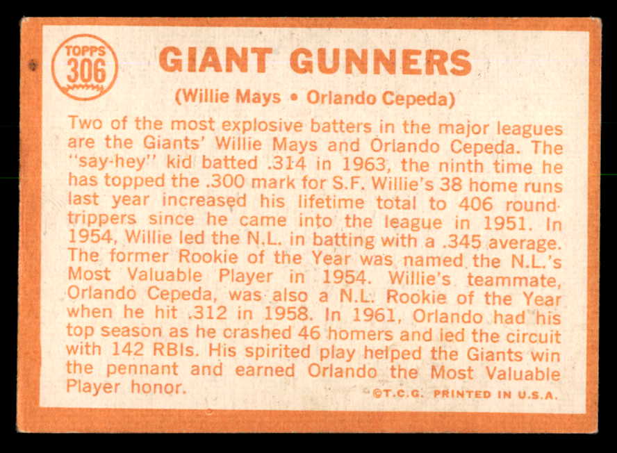 1964 Topps Baseball #306 Willie Mays Orlando Cepeda VG 540716