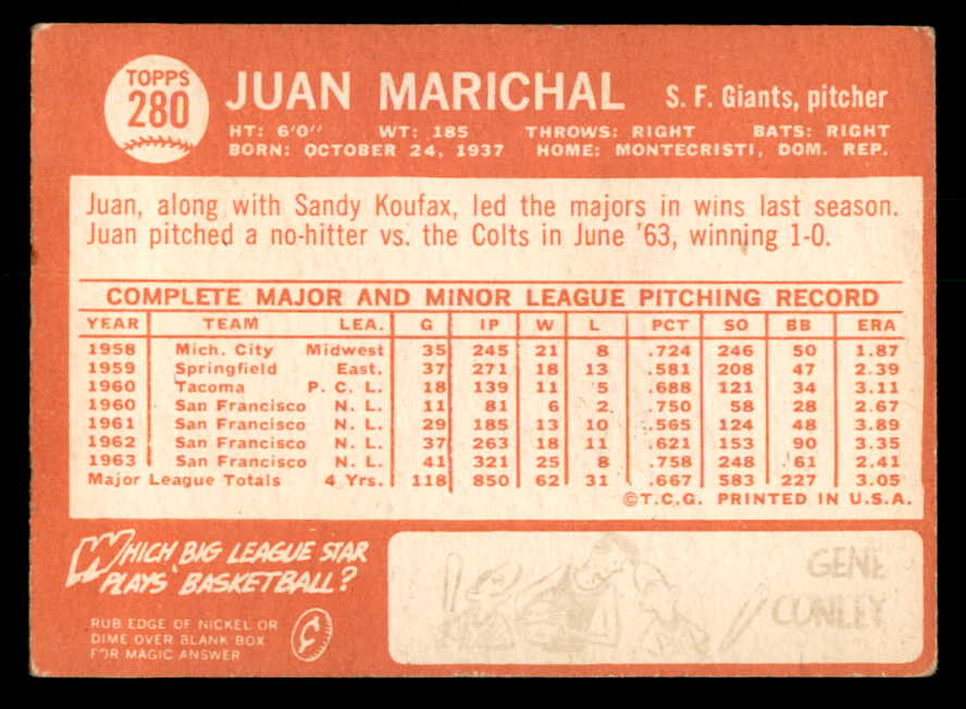 1964 Topps Baseball #280 Juan Marichal Giants VG-EX 540733