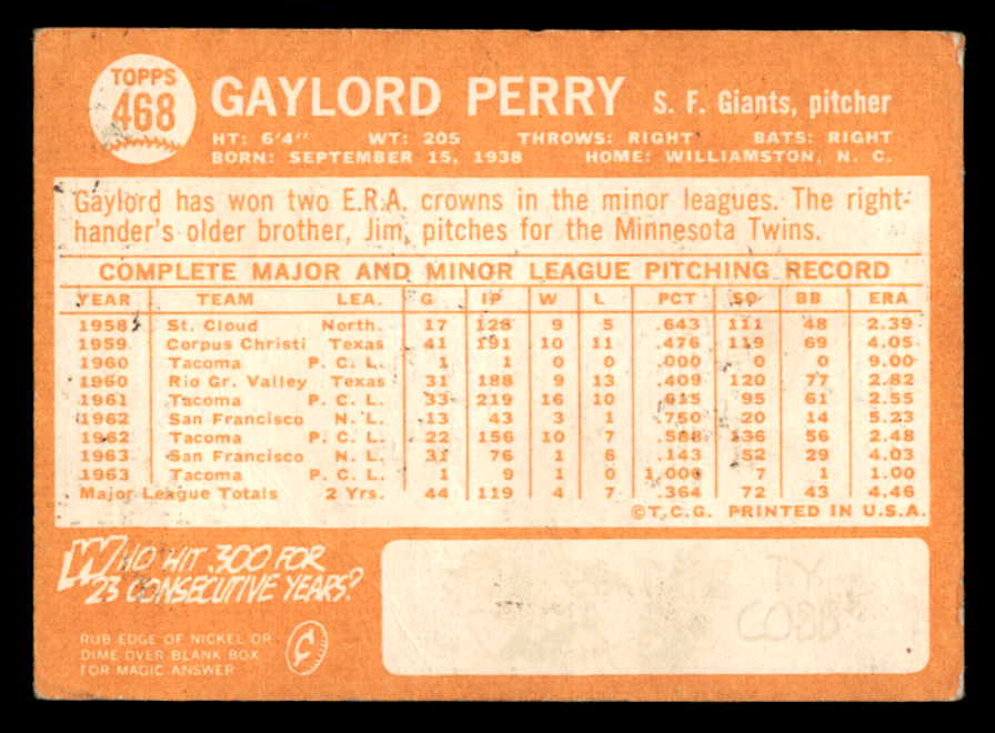 1964 Topps Baseball #468 Gaylord Perry Giants VG-EX 540739