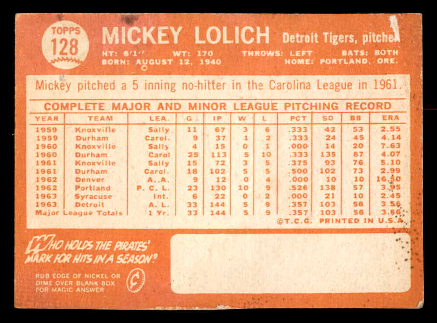 1964 Topps Baseball #128 Mickey Lolich Tigers VG 540757