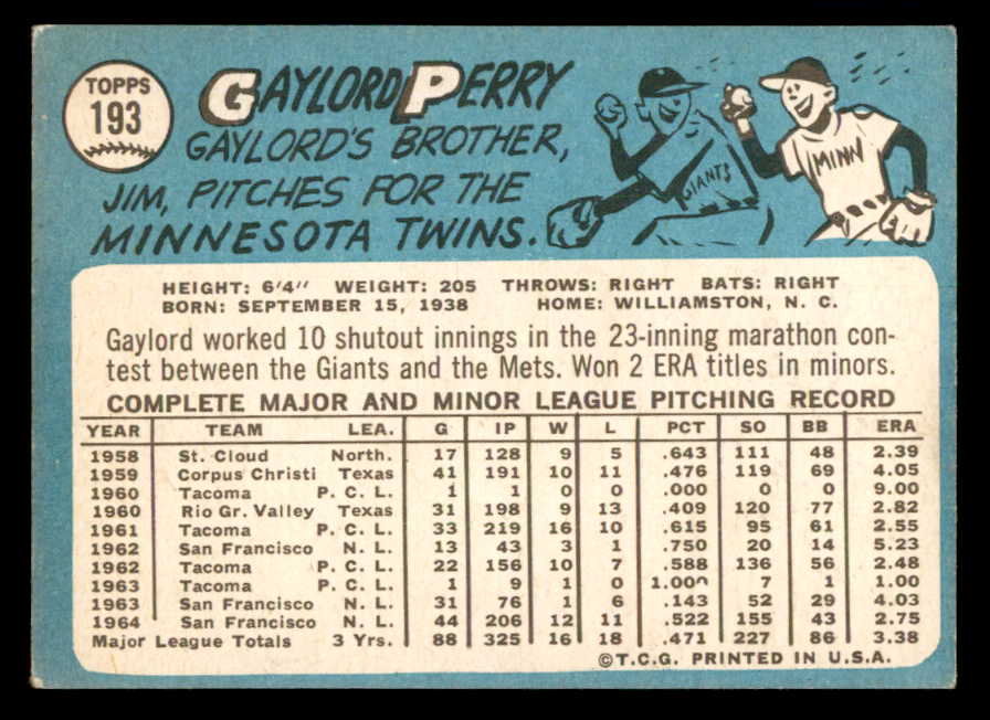 1965 Topps Baseball #193 Gaylord Perry Giants EX 540765