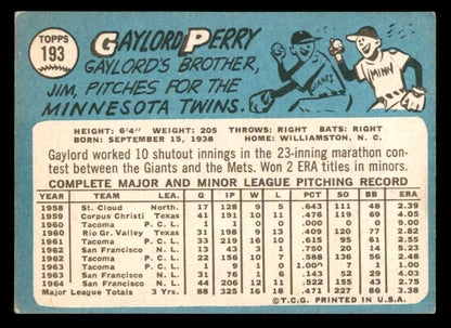 1965 Topps Baseball #193 Gaylord Perry Giants EX 540765
