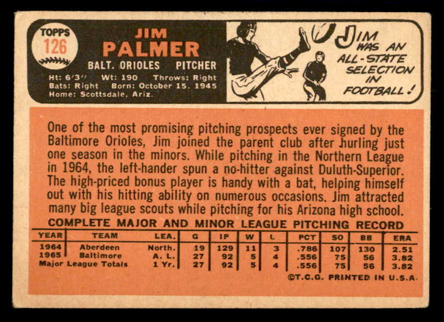 1966 Topps Baseball #126 Jim Palmer Orioles VG 540897