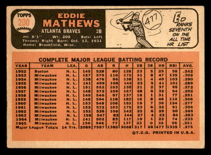 1966 Topps Baseball #200 Eddie Mathews Braves VG-EX 540910