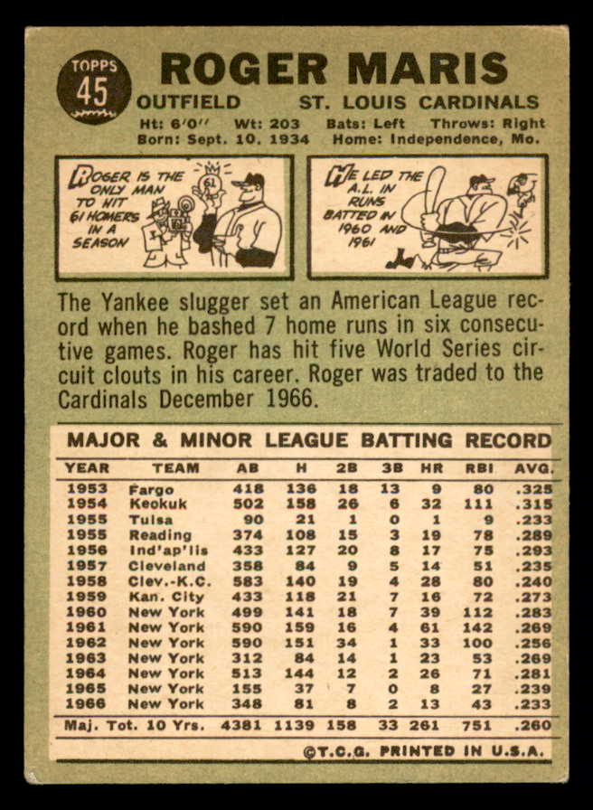 1967 Topps Baseball #045 Roger Maris Cardinals VG 540954