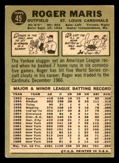 1967 Topps Baseball #045 Roger Maris Cardinals VG 540954