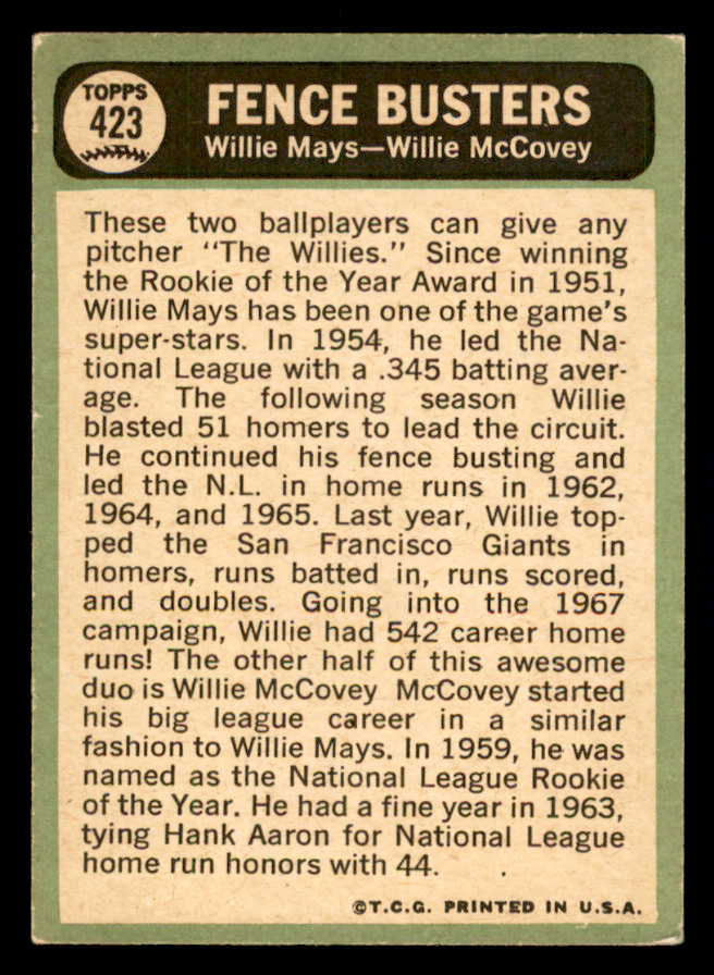 1967 Topps Baseball #423 Willie Mays Willie McCovey EX 540956