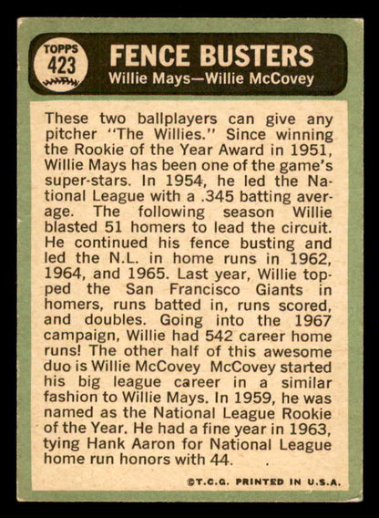 1967 Topps Baseball #423 Willie Mays Willie McCovey EX 540956