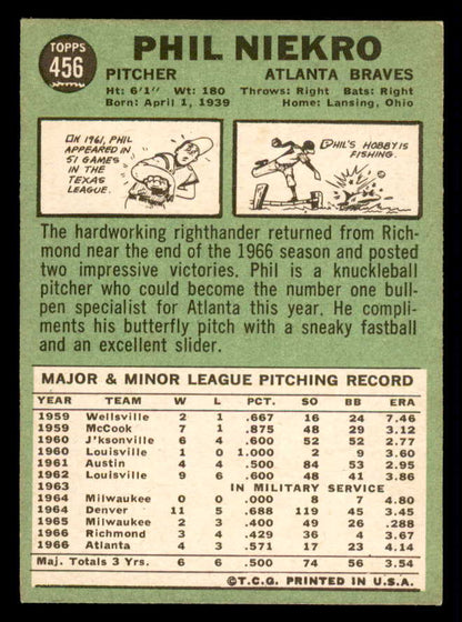 1967 Topps Baseball #456 Phil Niekro Braves EX+/EX-MT 540965