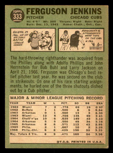 1967 Topps Baseball #333 Fergie Jenkins Cubs EX 541002