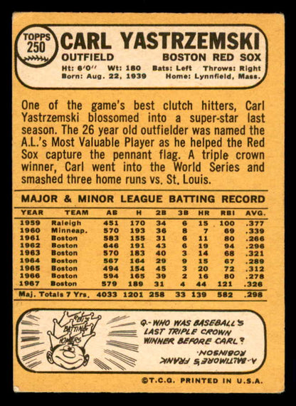 1968 Topps Baseball #250 Carl Yastrzemski Red Sox VG-EX 541011