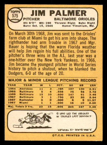 1968 Topps Baseball #575 Jim Palmer Orioles EX-MT 541023
