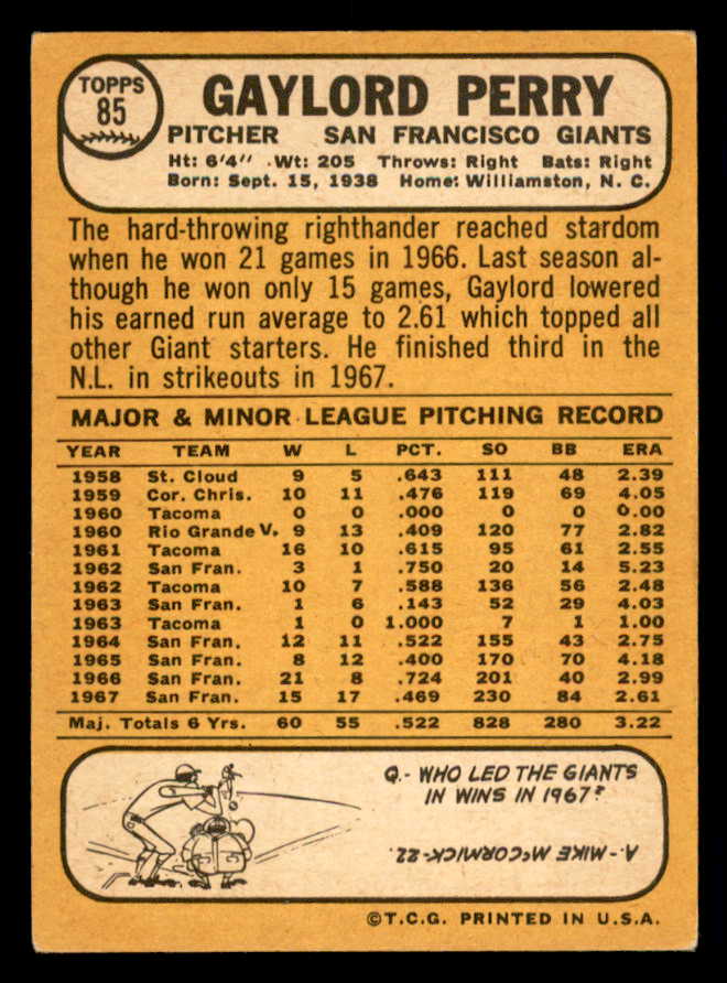 1968 Topps Baseball #085 Gaylord Perry Giants EX 541024