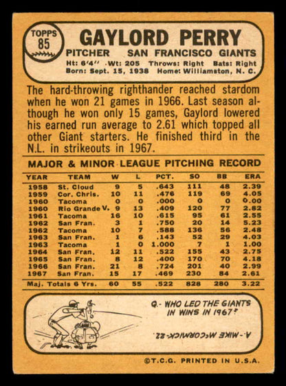 1968 Topps Baseball #085 Gaylord Perry Giants EX 541024