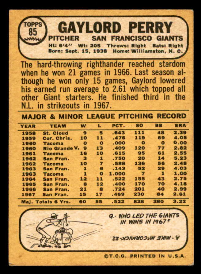 1968 Topps Baseball #085 Gaylord Perry Giants EX+/EX-MT 541025