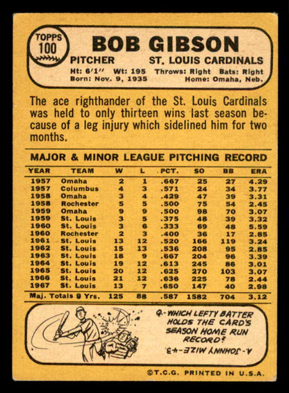 1968 Topps Baseball #100 Bob Gibson Cardinals EX 541040