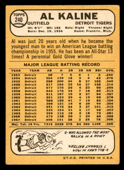 1968 Topps Baseball #240 Al Kaline Tigers VG-EX 541044