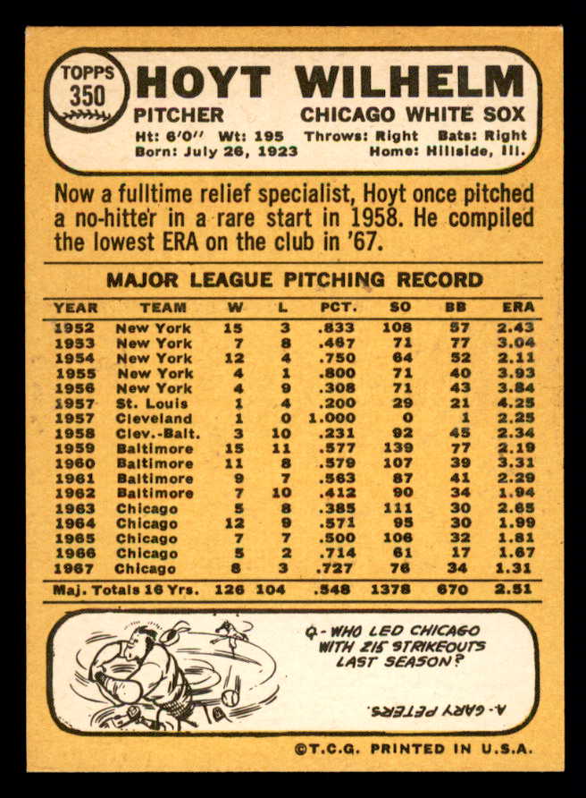 1968 Topps Baseball #350 Hoyt Wilhelm White Sox EX-MT 541069
