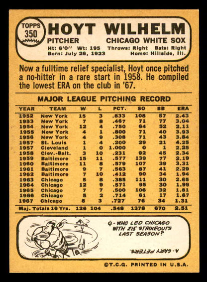 1968 Topps Baseball #350 Hoyt Wilhelm White Sox EX-MT 541069