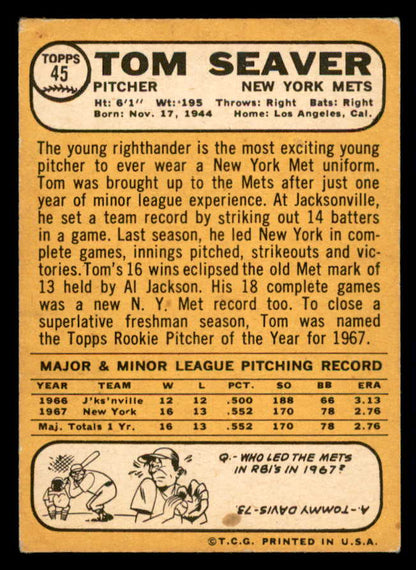1968 Topps Baseball #045 Tom Seaver Mets VG 541070