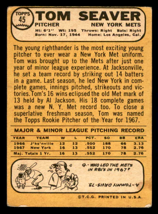 1968 Topps Baseball #045 Tom Seaver Mets VG 541071