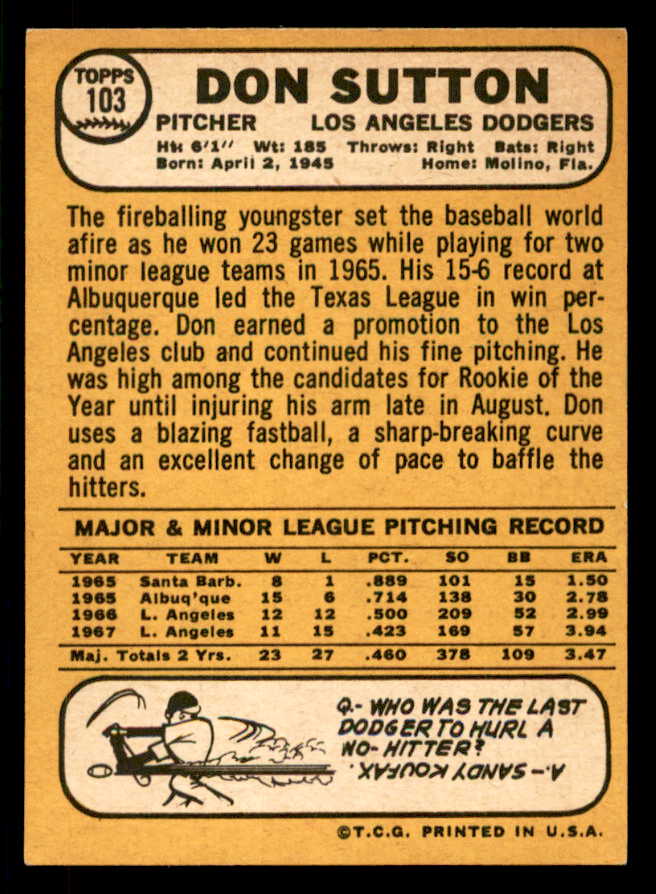 1968 Topps Baseball #103 Don Sutton Dodgers EX-MT 541073