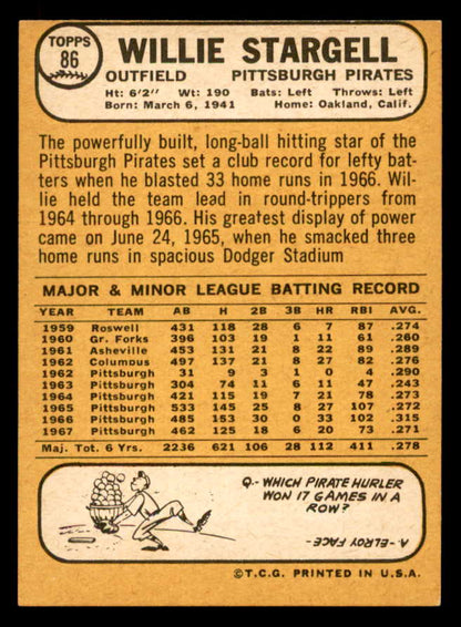 1968 Topps Baseball #086 Willie Stargell Pirates EX 541082