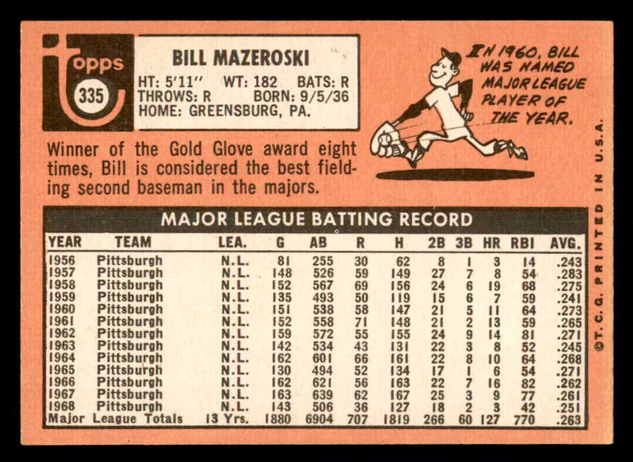 1969 Topps Baseball #335 Bill Mazeroski Pirates EX+/EX-MT 541130
