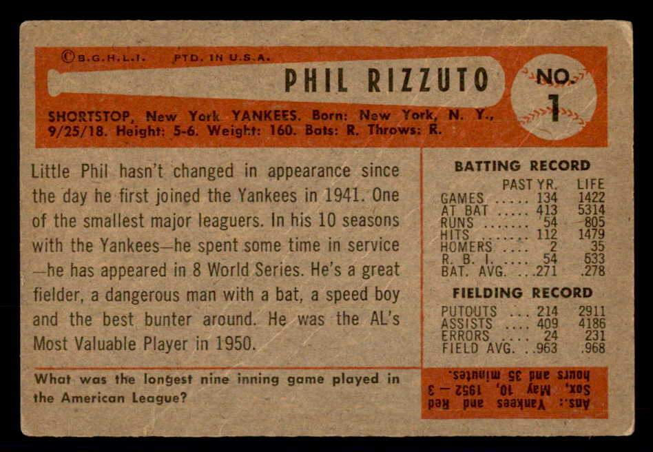1954 Bowman Baseball #001 Phil Rizzuto Yankees VG 541146